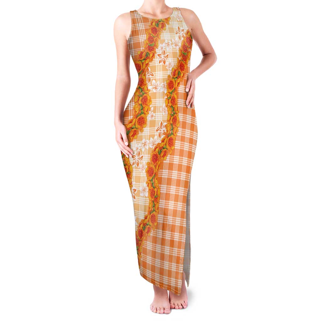 Orange Hawaii Palaka Family Matching Tank Maxi Dress and Hawaiian Shirt Hawaiian Ilima Lei
