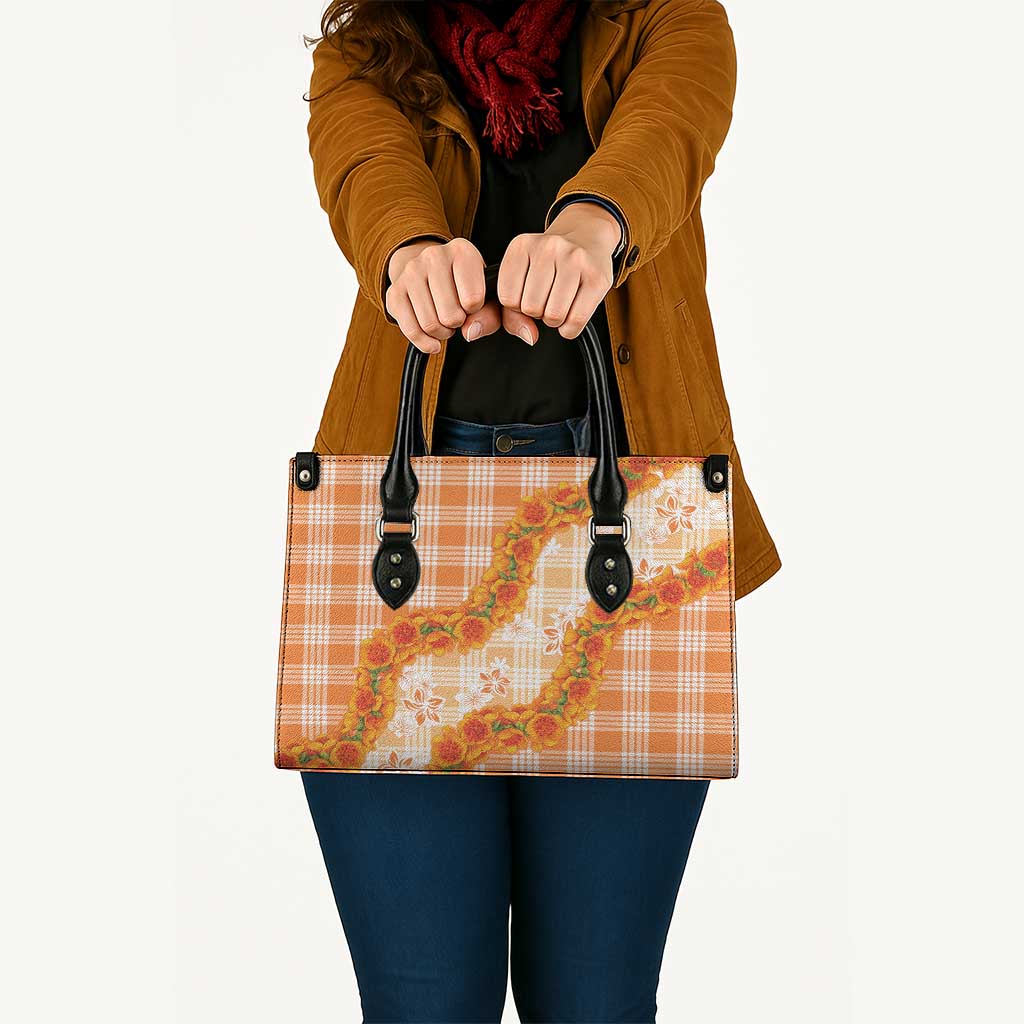 Orange Hawaii Palaka Leather Bag Hawaiian Ilima Lei LT05 - Polynesian Pride