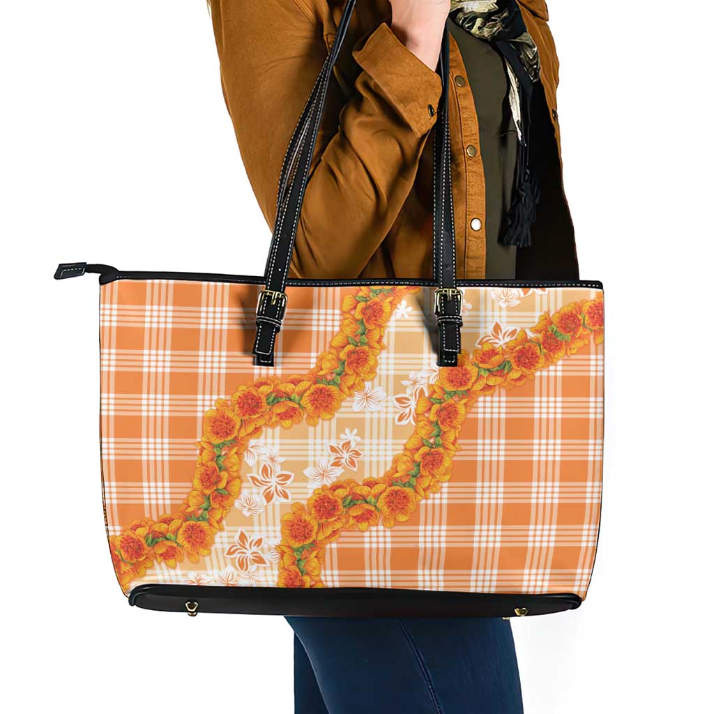 Orange Hawaii Palaka Leather Tote Bag Hawaiian Ilima Lei LT05 - Polynesian Pride