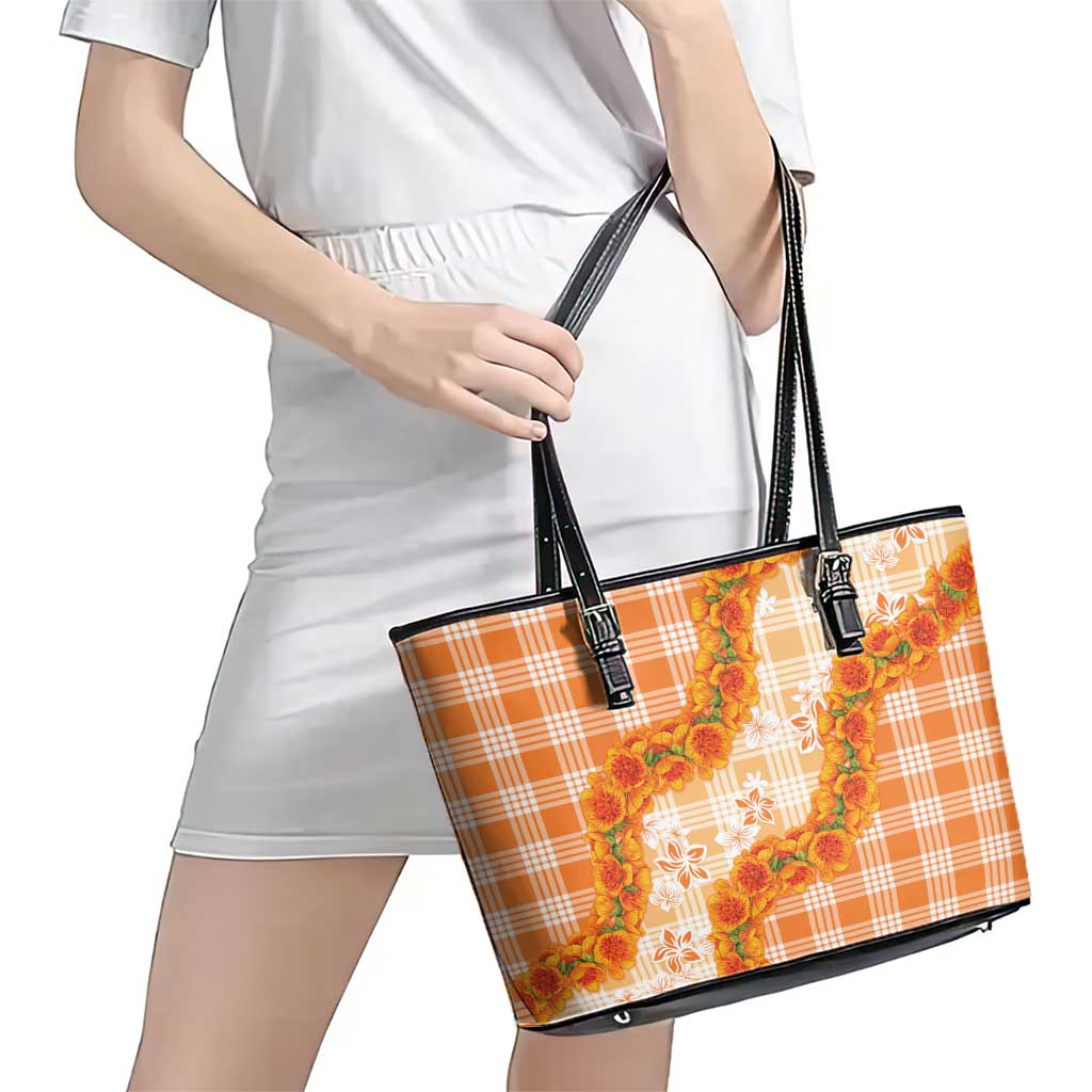 Orange Hawaii Palaka Leather Tote Bag Hawaiian Ilima Lei LT05 - Polynesian Pride