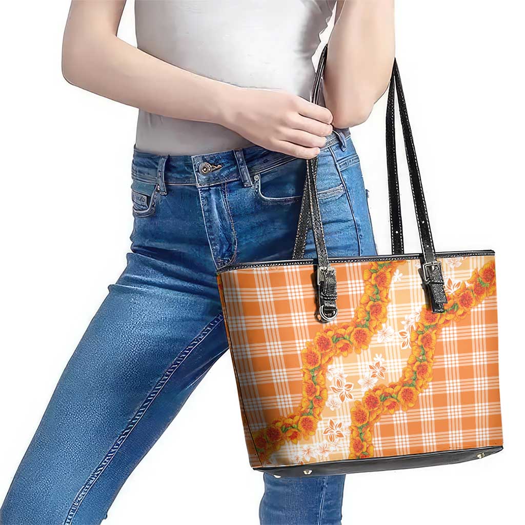 Orange Hawaii Palaka Leather Tote Bag Hawaiian Ilima Lei LT05 - Polynesian Pride