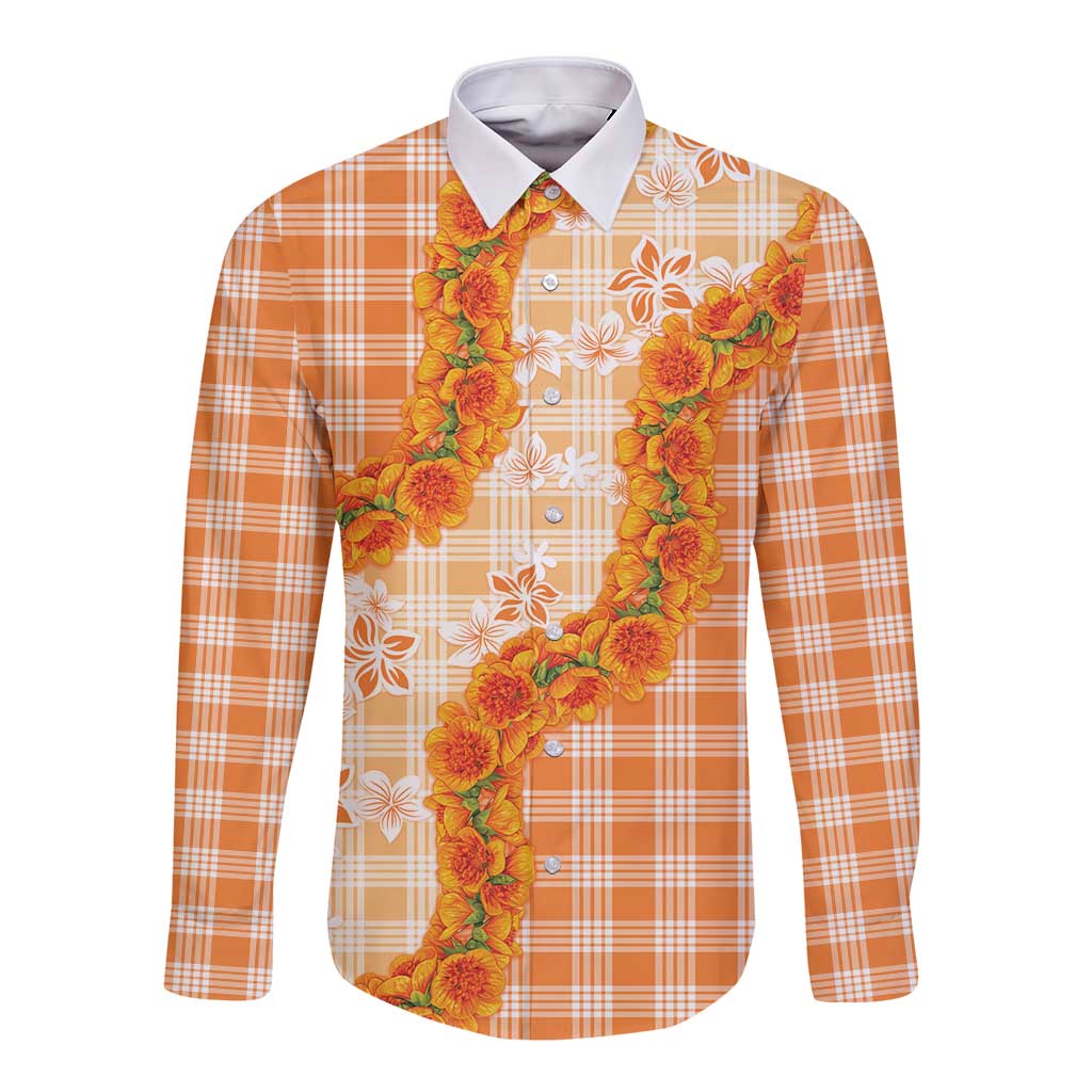 Orange Hawaii Palaka Long Sleeve Button Shirt Hawaiian Ilima Lei