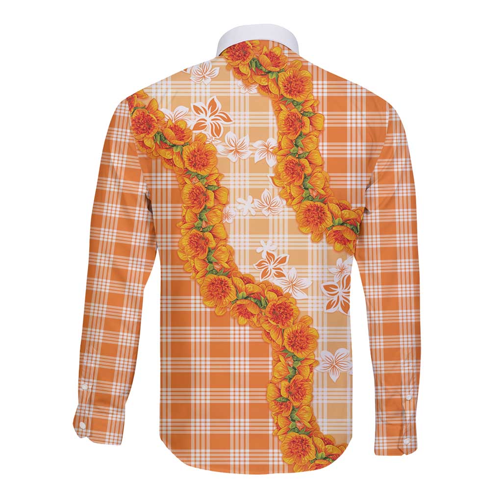 Orange Hawaii Palaka Long Sleeve Button Shirt Hawaiian Ilima Lei