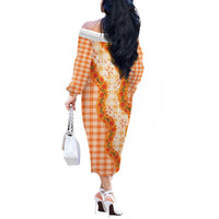 Orange Hawaii Palaka Off The Shoulder Long Sleeve Dress Hawaiian Ilima Lei LT05 - Polynesian Pride