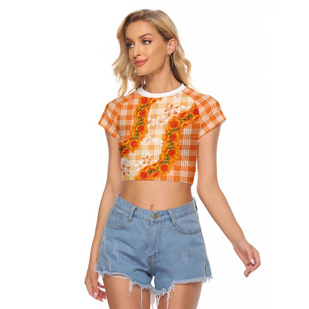 Orange Hawaii Palaka Raglan Cropped T Shirt Hawaiian Ilima Lei LT05 Female Orange - Polynesian Pride