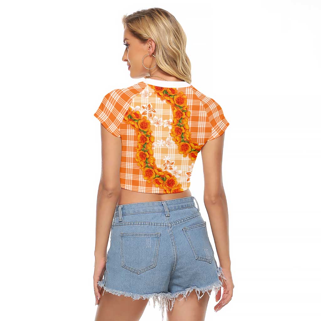 Orange Hawaii Palaka Raglan Cropped T Shirt Hawaiian Ilima Lei LT05 - Polynesian Pride