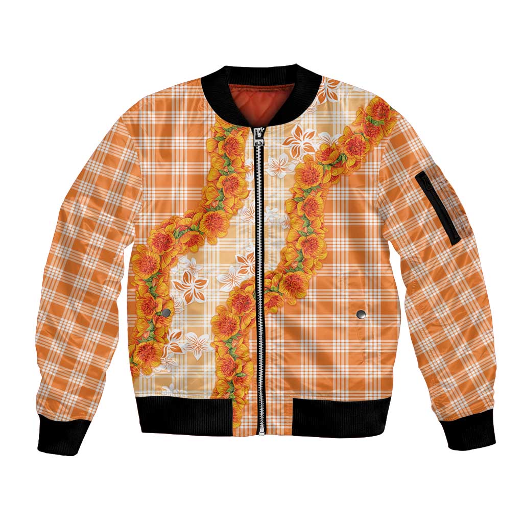 Orange Hawaii Palaka Sleeve Zip Bomber Jacket Hawaiian Ilima Lei
