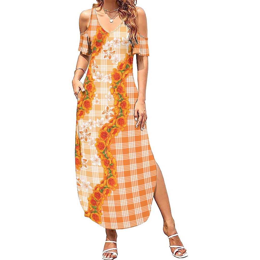 Orange Hawaii Palaka Summer Maxi Dress Hawaiian Ilima Lei