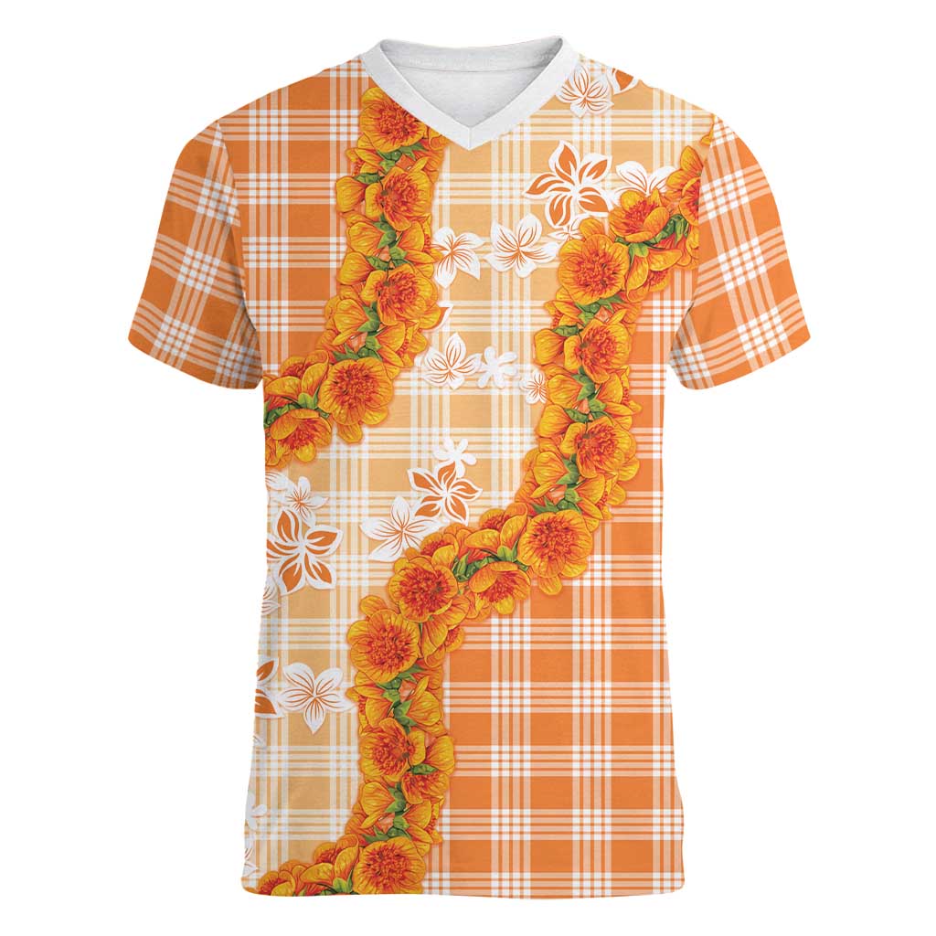 Orange Hawaii Palaka Women V-Neck T-Shirt Hawaiian Ilima Lei