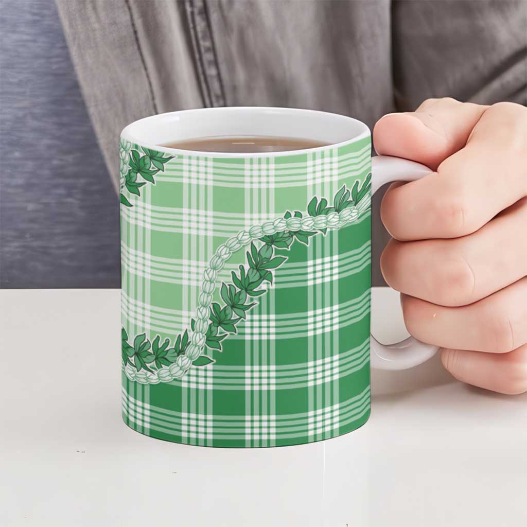 Green Hawaii Palaka Ceramic Mug Hawaiian Pikake Lei