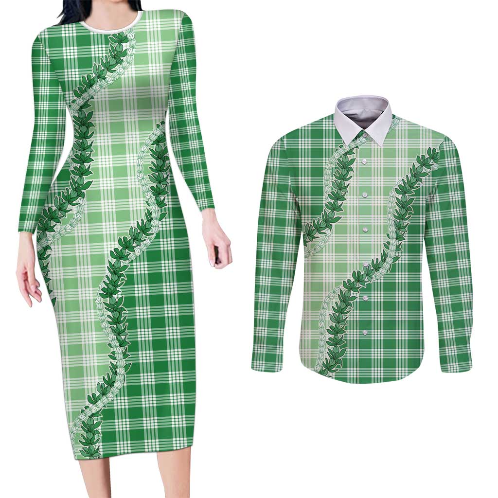 Green Hawaii Palaka Couples Matching Long Sleeve Bodycon Dress and Long Sleeve Button Shirt Hawaiian Pikake Lei