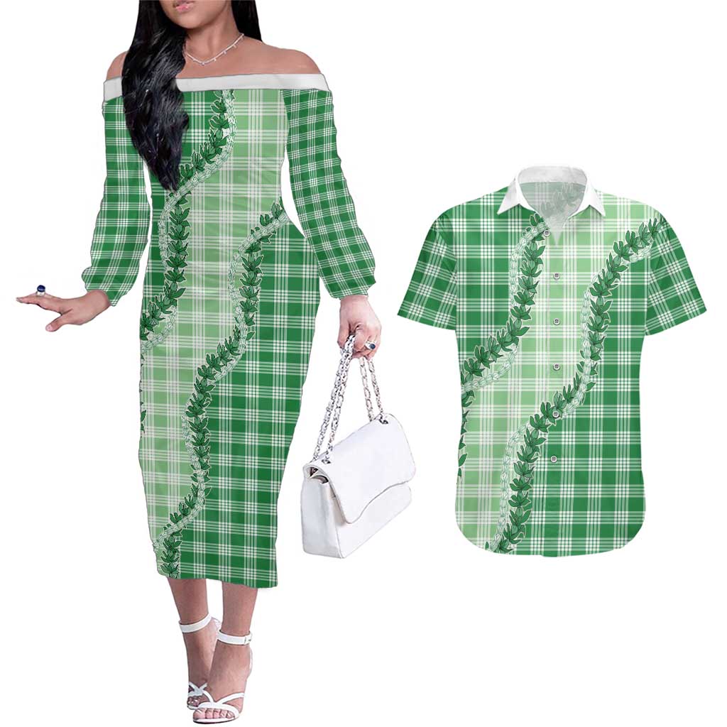 Green Hawaii Palaka Couples Matching Off The Shoulder Long Sleeve Dress and Hawaiian Shirt Hawaiian Pikake Lei