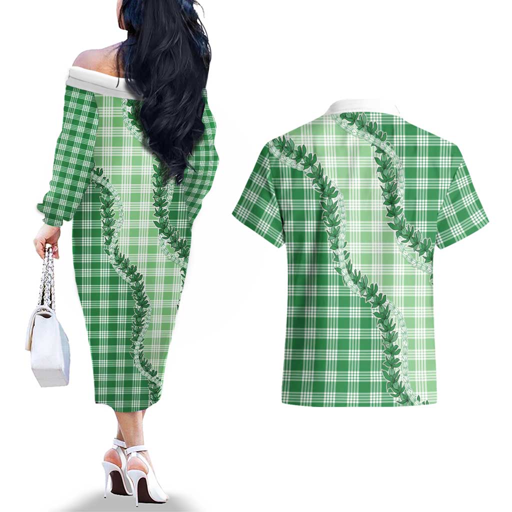 Green Hawaii Palaka Couples Matching Off The Shoulder Long Sleeve Dress and Hawaiian Shirt Hawaiian Pikake Lei