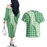Green Hawaii Palaka Couples Matching Off The Shoulder Long Sleeve Dress and Hawaiian Shirt Hawaiian Pikake Lei
