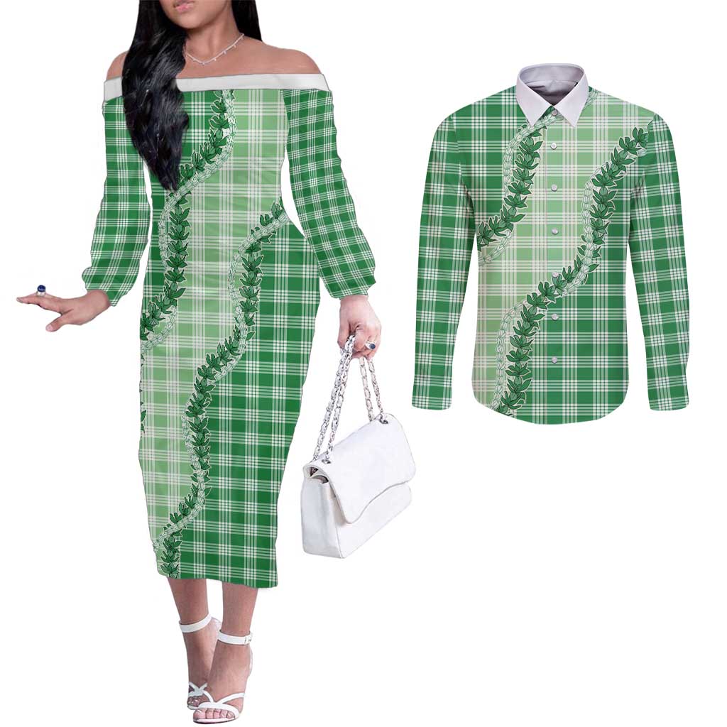 Green Hawaii Palaka Couples Matching Off The Shoulder Long Sleeve Dress and Long Sleeve Button Shirt Hawaiian Pikake Lei