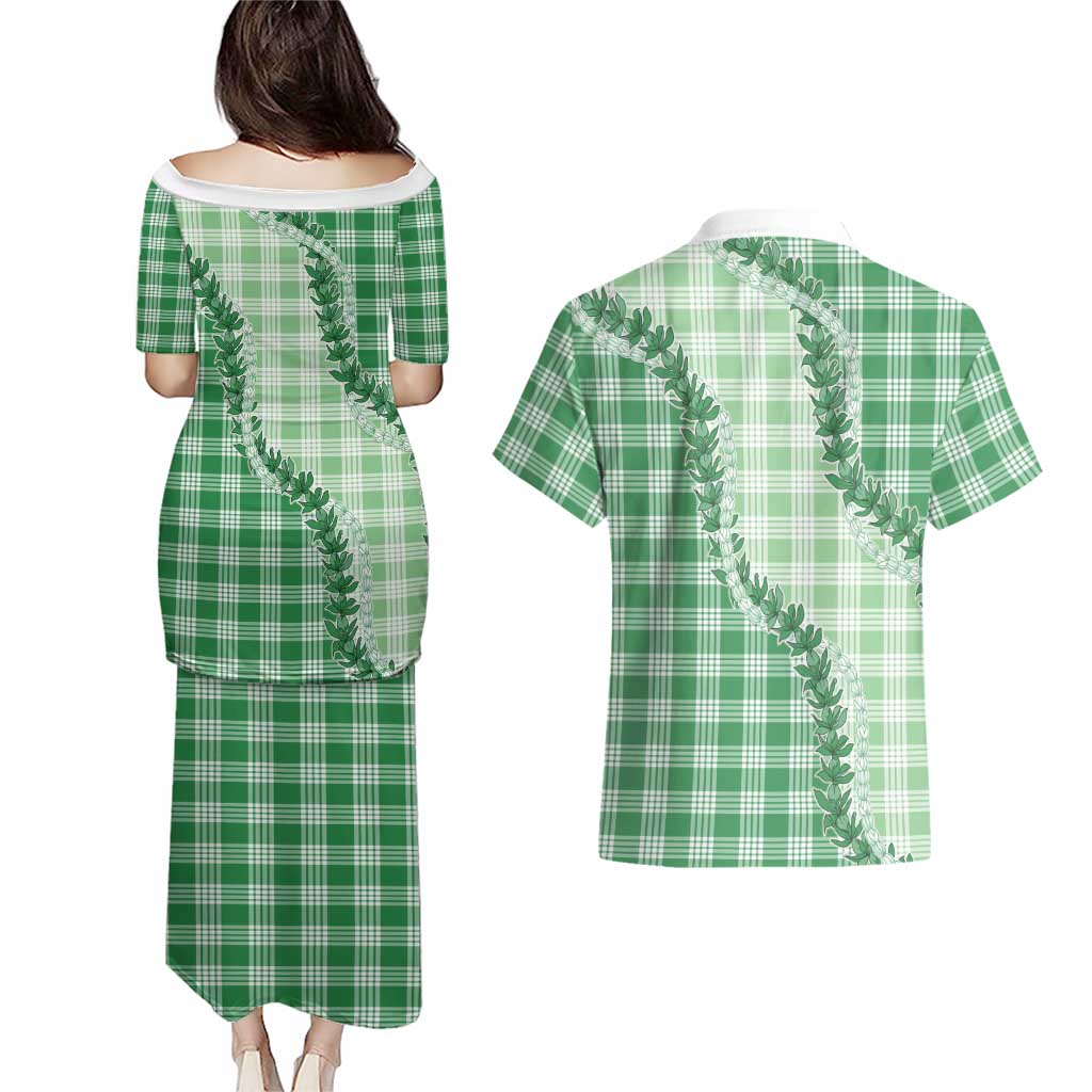 Green Hawaii Palaka Couples Matching Puletasi and Hawaiian Shirt Hawaiian Pikake Lei LT05 - Polynesian Pride