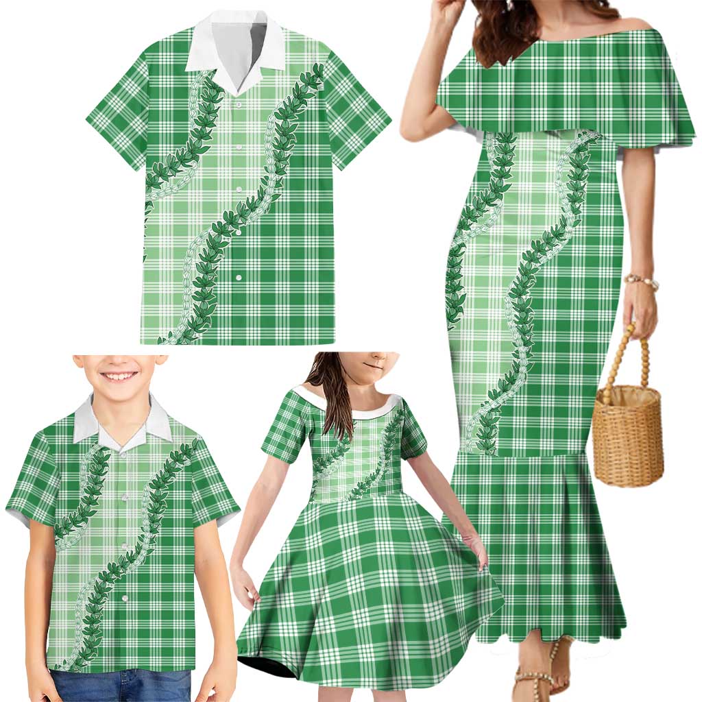 Green Hawaii Palaka Family Matching Mermaid Dress and Hawaiian Shirt Hawaiian Pikake Lei LT05 - Polynesian Pride