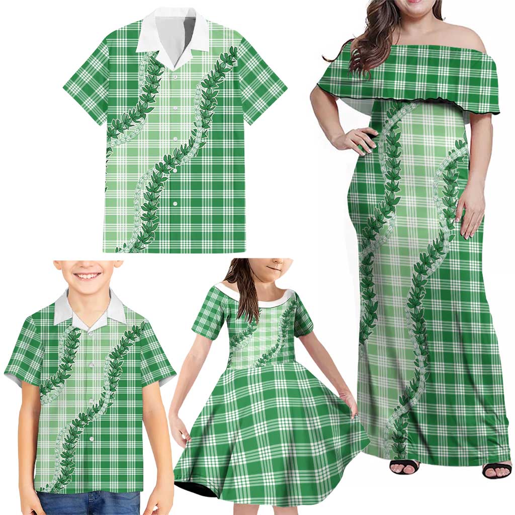 Green Hawaii Palaka Family Matching Off Shoulder Maxi Dress and Hawaiian Shirt Hawaiian Pikake Lei