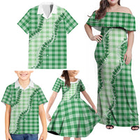 Green Hawaii Palaka Family Matching Off Shoulder Maxi Dress and Hawaiian Shirt Hawaiian Pikake Lei