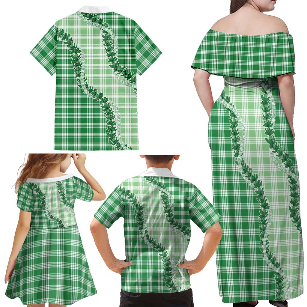 Green Hawaii Palaka Family Matching Off Shoulder Maxi Dress and Hawaiian Shirt Hawaiian Pikake Lei