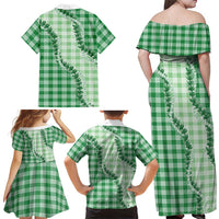 Green Hawaii Palaka Family Matching Off Shoulder Maxi Dress and Hawaiian Shirt Hawaiian Pikake Lei
