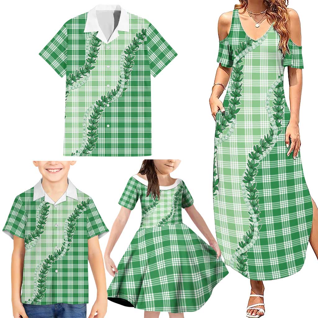 Green Hawaii Palaka Family Matching Summer Maxi Dress and Hawaiian Shirt Hawaiian Pikake Lei