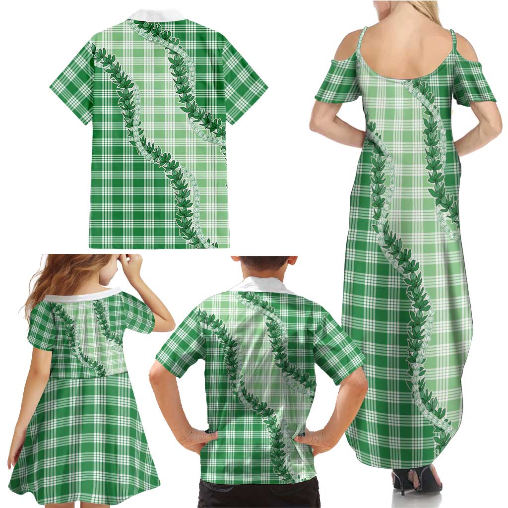Green Hawaii Palaka Family Matching Summer Maxi Dress and Hawaiian Shirt Hawaiian Pikake Lei
