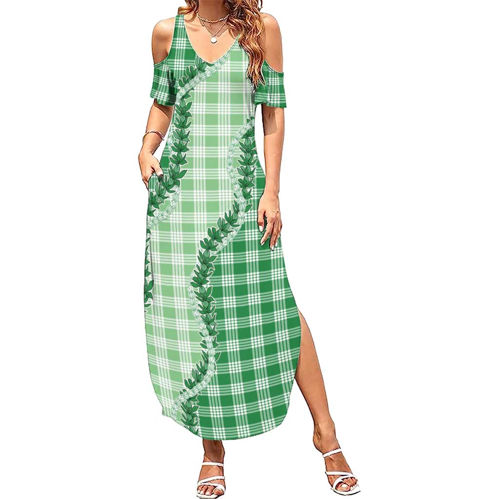 Green Hawaii Palaka Family Matching Summer Maxi Dress and Hawaiian Shirt Hawaiian Pikake Lei