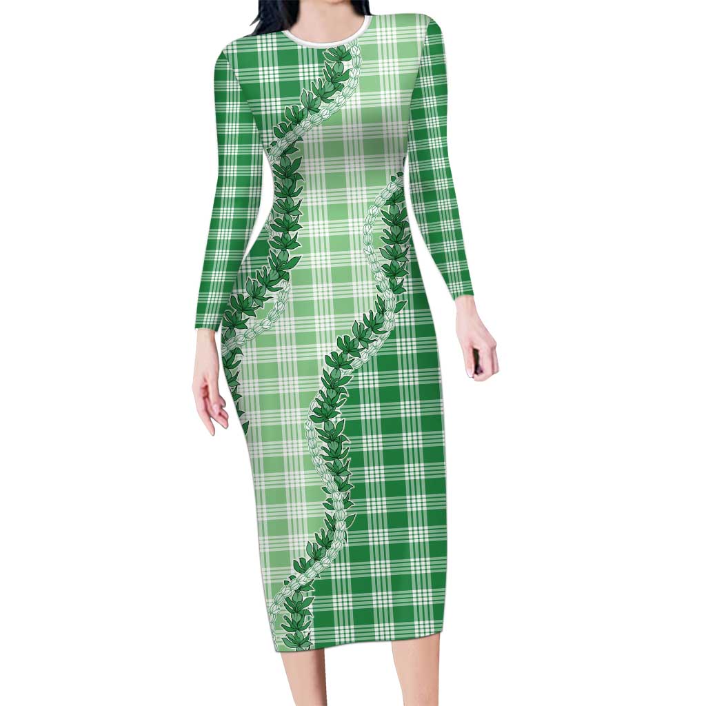 Green Hawaii Palaka Long Sleeve Bodycon Dress Hawaiian Pikake Lei LT05 Long Dress Green - Polynesian Pride