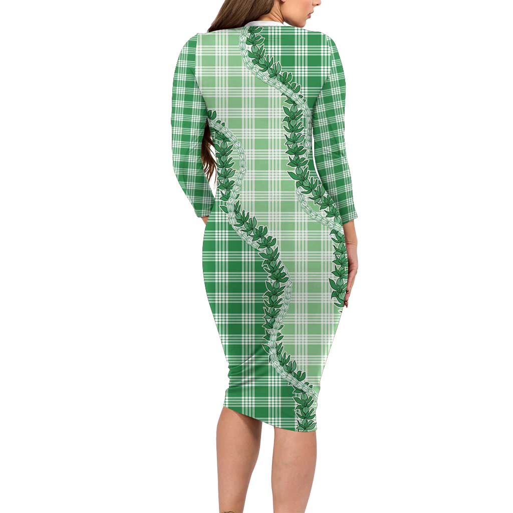 Green Hawaii Palaka Long Sleeve Bodycon Dress Hawaiian Pikake Lei LT05 - Polynesian Pride