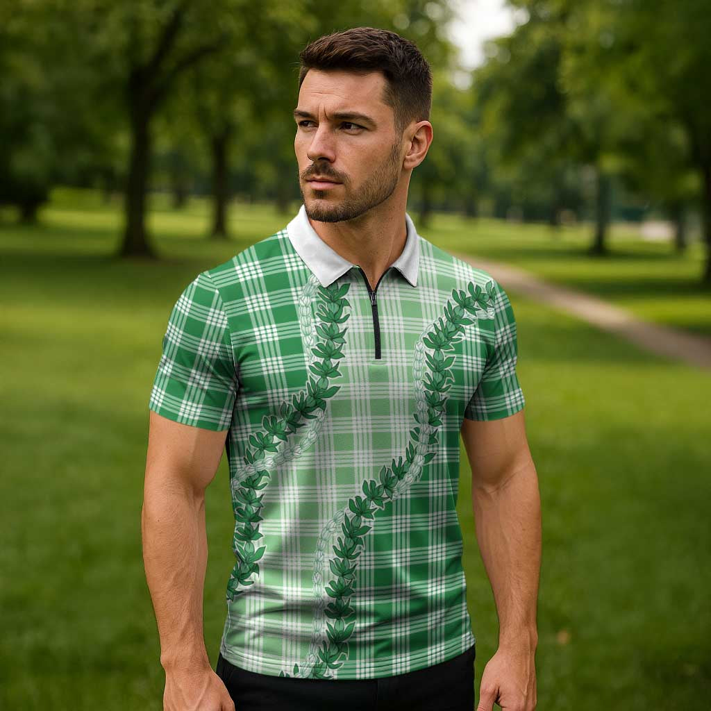 Green Hawaii Palaka Zipper Polo Shirt Hawaiian Pikake Lei