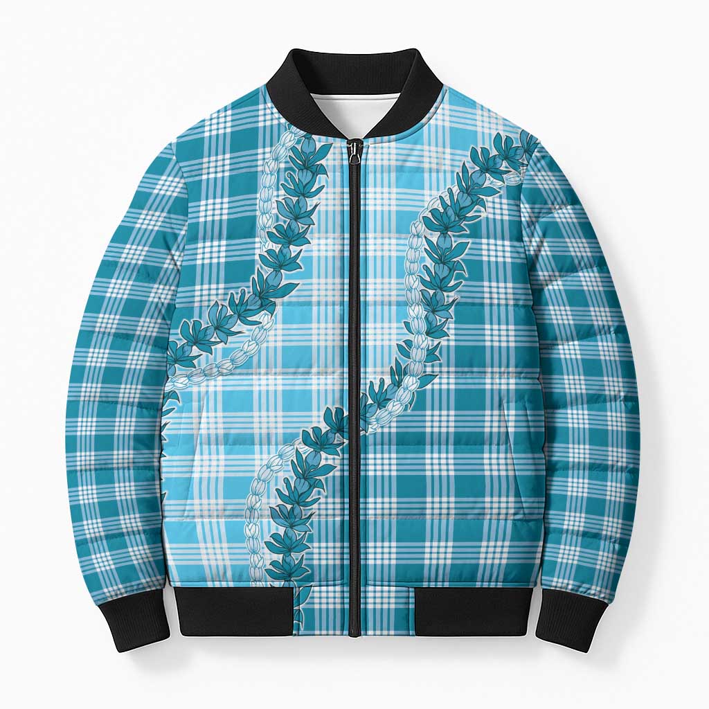 Blue Hawaii Palaka Bomber Puffer Jacket Hawaiian Pikake Lei LT05 Unisex Blue - Polynesian Pride