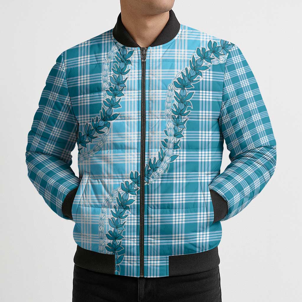 Blue Hawaii Palaka Bomber Puffer Jacket Hawaiian Pikake Lei LT05 - Polynesian Pride