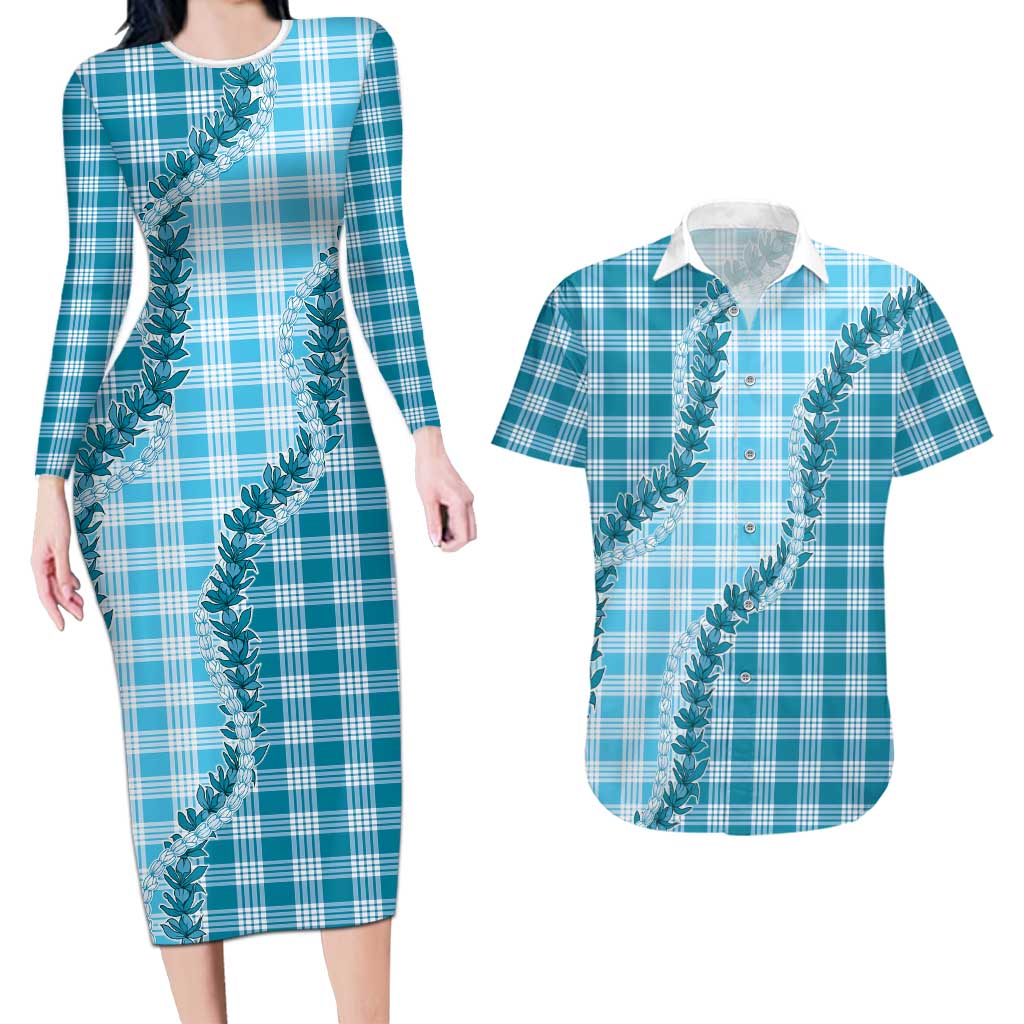 Blue Hawaii Palaka Couples Matching Long Sleeve Bodycon Dress and Hawaiian Shirt Hawaiian Pikake Lei