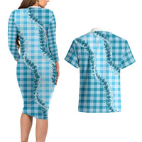 Blue Hawaii Palaka Couples Matching Long Sleeve Bodycon Dress and Hawaiian Shirt Hawaiian Pikake Lei