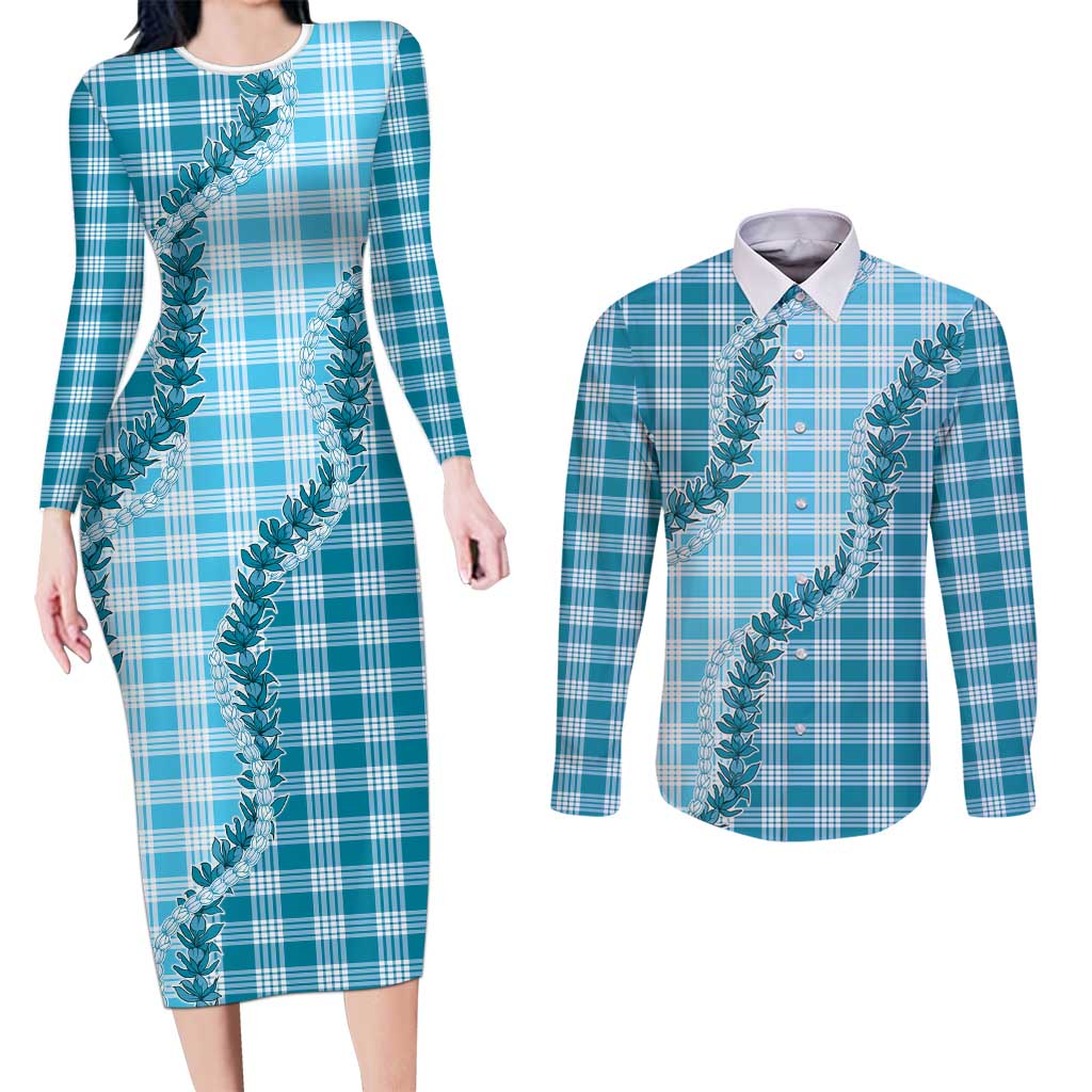 Blue Hawaii Palaka Couples Matching Long Sleeve Bodycon Dress and Long Sleeve Button Shirt Hawaiian Pikake Lei