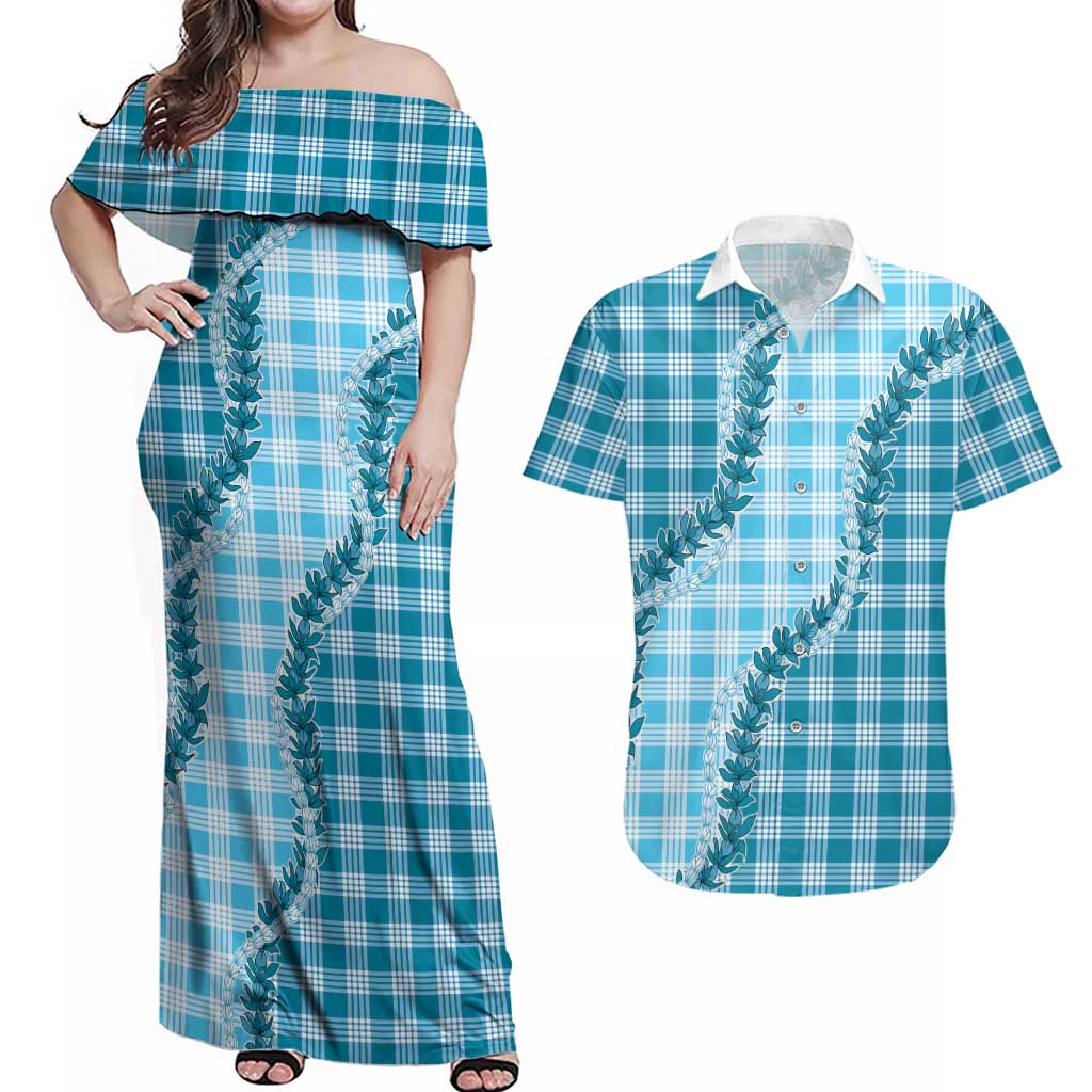 Blue Hawaii Palaka Couples Matching Off Shoulder Maxi Dress and Hawaiian Shirt Hawaiian Pikake Lei