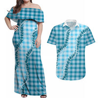 Blue Hawaii Palaka Couples Matching Off Shoulder Maxi Dress and Hawaiian Shirt Hawaiian Pikake Lei