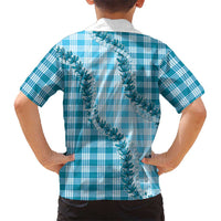 Blue Hawaii Palaka Family Matching Off Shoulder Short Dress and Hawaiian Shirt Hawaiian Pikake Lei