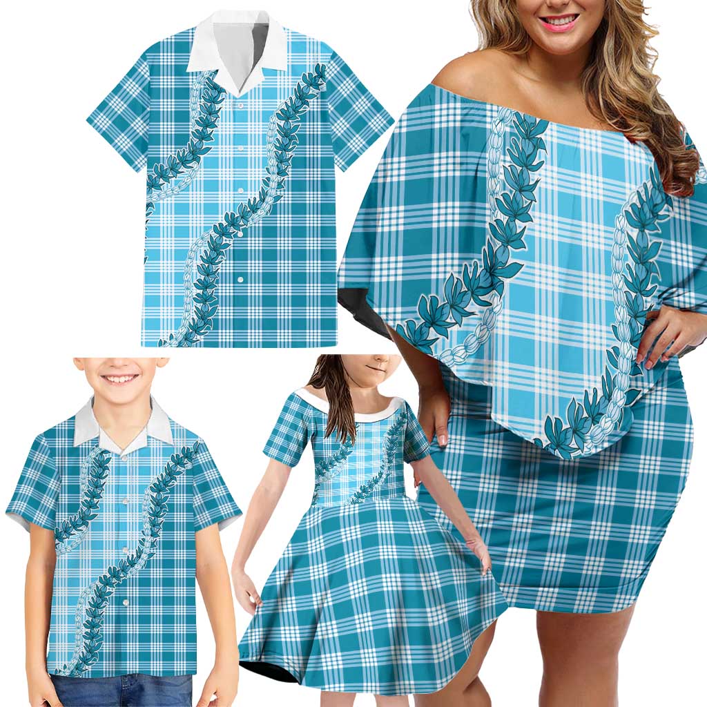 Blue Hawaii Palaka Family Matching Off Shoulder Short Dress and Hawaiian Shirt Hawaiian Pikake Lei