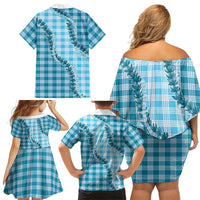 Blue Hawaii Palaka Family Matching Off Shoulder Short Dress and Hawaiian Shirt Hawaiian Pikake Lei