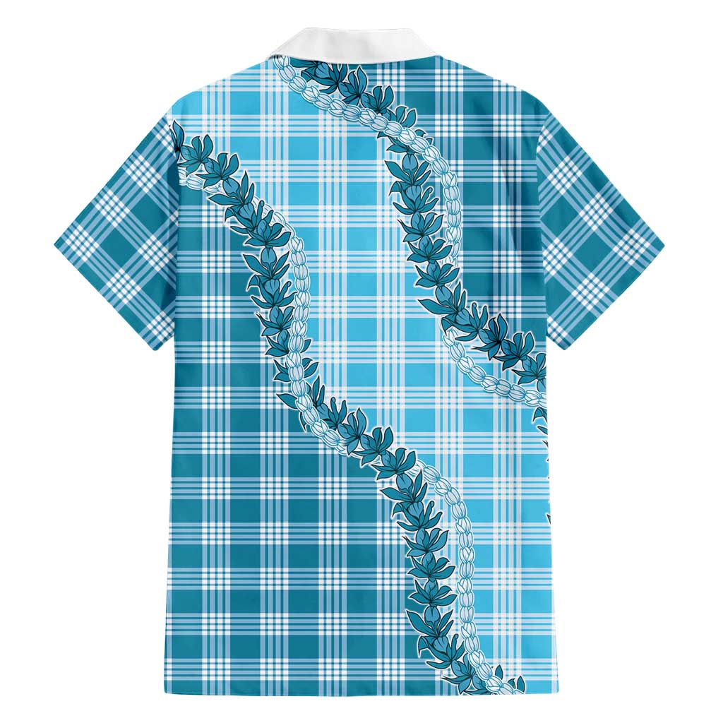 Blue Hawaii Palaka Family Matching Off Shoulder Short Dress and Hawaiian Shirt Hawaiian Pikake Lei
