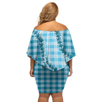 Blue Hawaii Palaka Family Matching Off Shoulder Short Dress and Hawaiian Shirt Hawaiian Pikake Lei