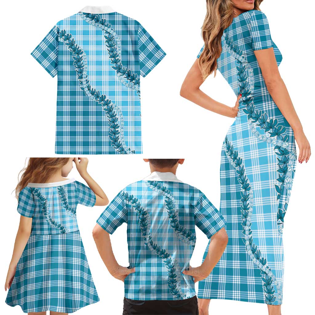 Blue Hawaii Palaka Family Matching Short Sleeve Bodycon Dress and Hawaiian Shirt Hawaiian Pikake Lei