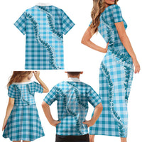 Blue Hawaii Palaka Family Matching Short Sleeve Bodycon Dress and Hawaiian Shirt Hawaiian Pikake Lei