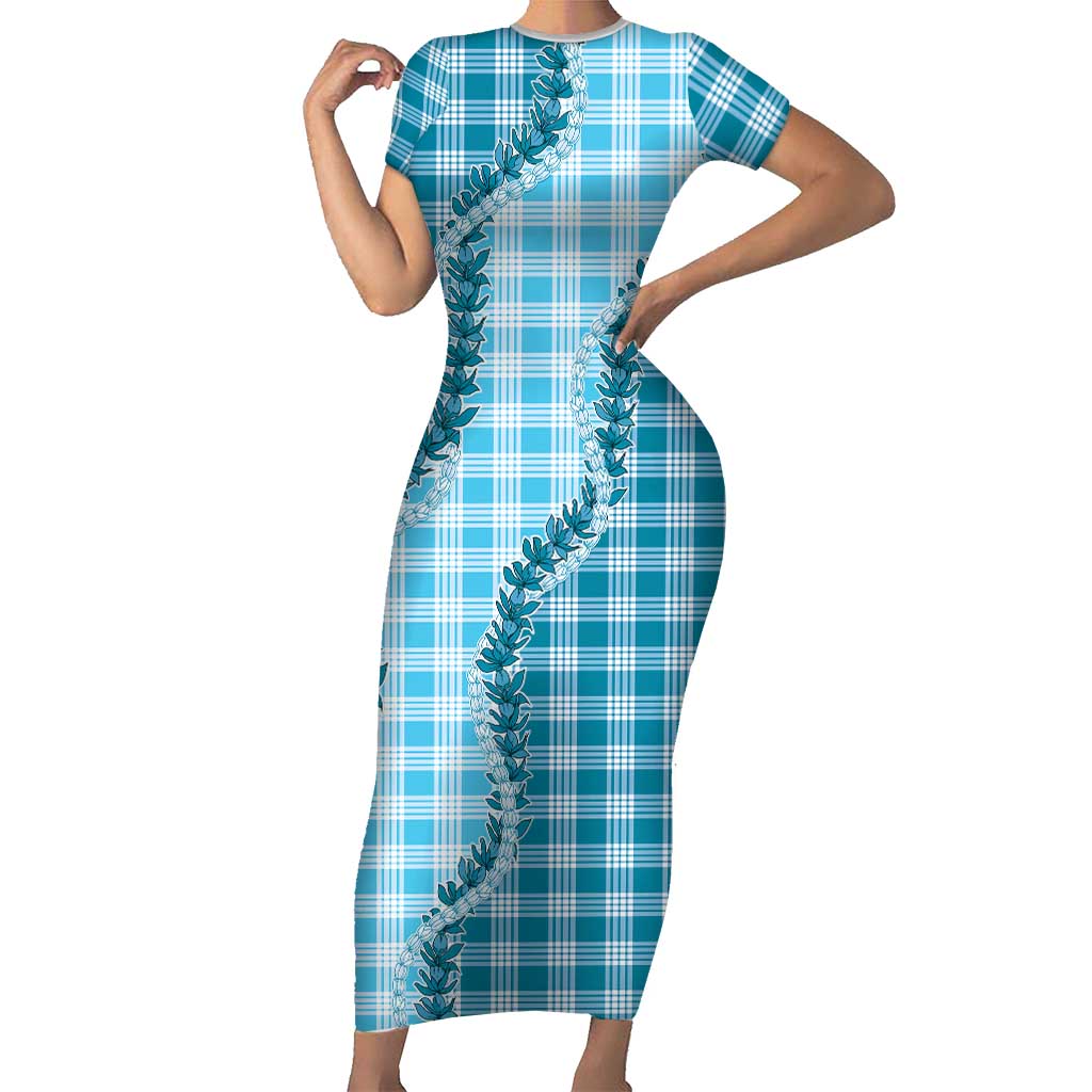 Blue Hawaii Palaka Family Matching Short Sleeve Bodycon Dress and Hawaiian Shirt Hawaiian Pikake Lei