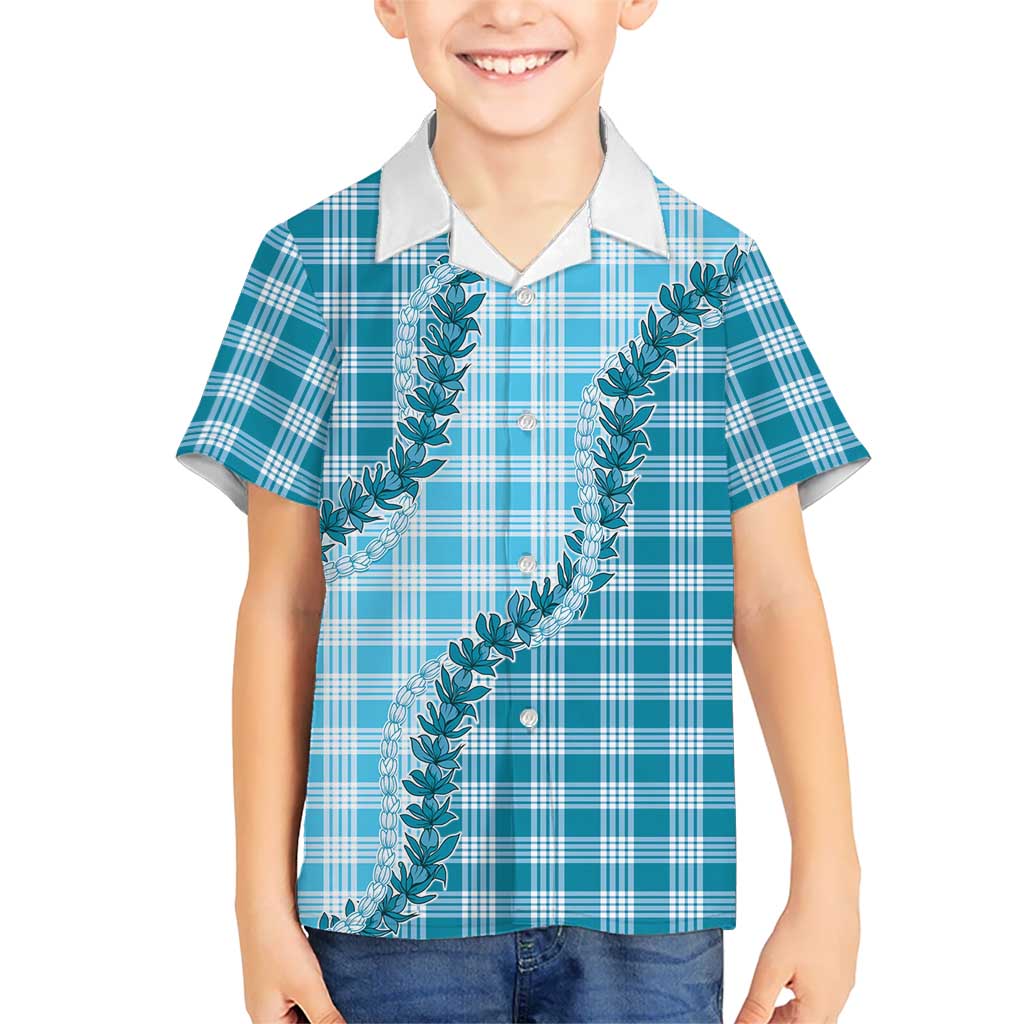Blue Hawaii Palaka Family Matching Short Sleeve Bodycon Dress and Hawaiian Shirt Hawaiian Pikake Lei