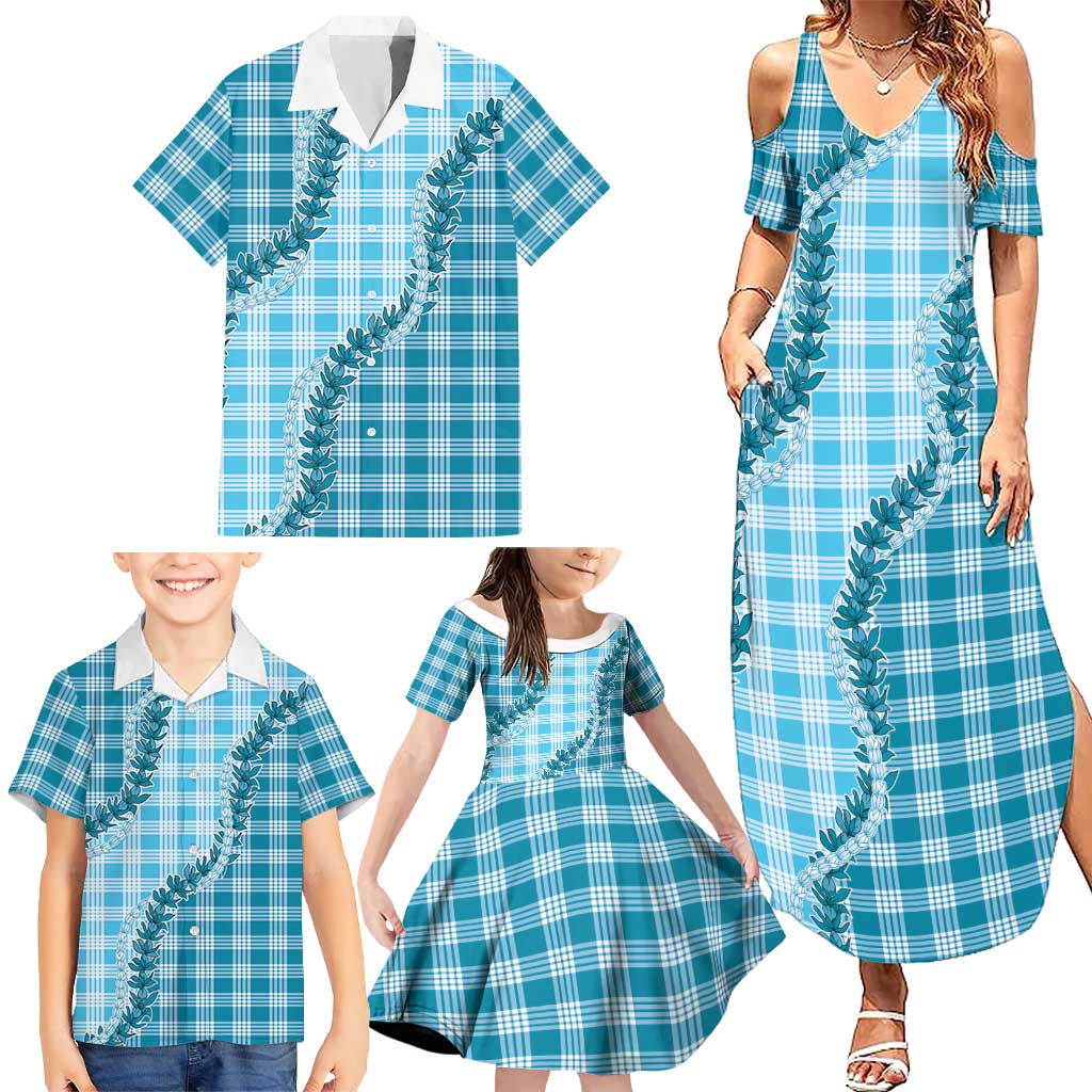 Blue Hawaii Palaka Family Matching Summer Maxi Dress and Hawaiian Shirt Hawaiian Pikake Lei