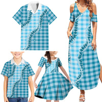 Blue Hawaii Palaka Family Matching Summer Maxi Dress and Hawaiian Shirt Hawaiian Pikake Lei
