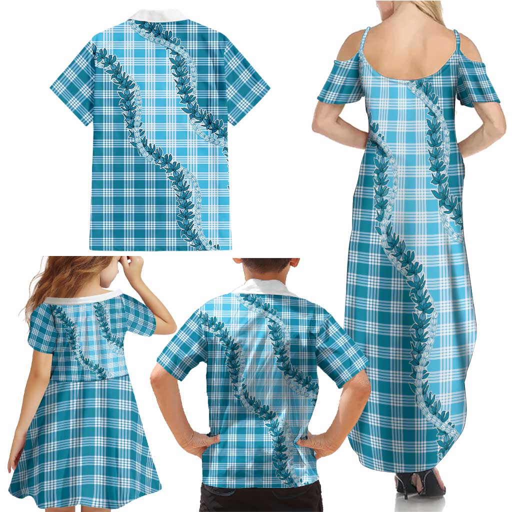 Blue Hawaii Palaka Family Matching Summer Maxi Dress and Hawaiian Shirt Hawaiian Pikake Lei